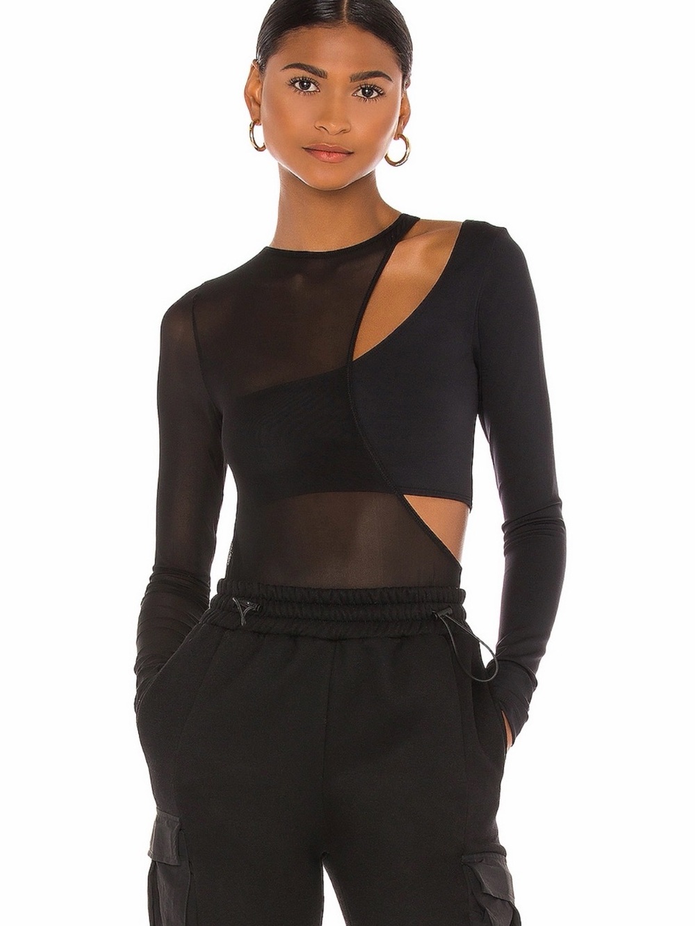 OW collection Kari Black Asymmetric Cutout Long-Sleeve Bodysuit